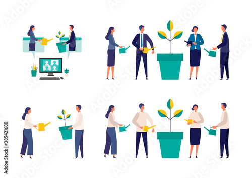 Metaphor of growth, support, assistance. Flat design vector illustration of business people.