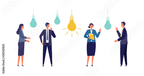 Metaphor of cooperation, create an idea, brainstorming. Flat design vector illustration of business people.