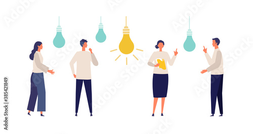 Metaphor of cooperation, create an idea, brainstorming. Flat design vector illustration of business people.