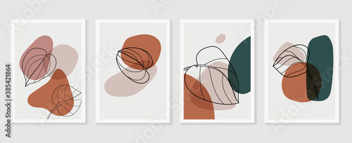 Botanical wall art vector set. Earth tone boho foliage line art drawing with  abstract shape.  Abstract Plant Art design for print, cover, wallpaper, Minimal and  natural wall art..