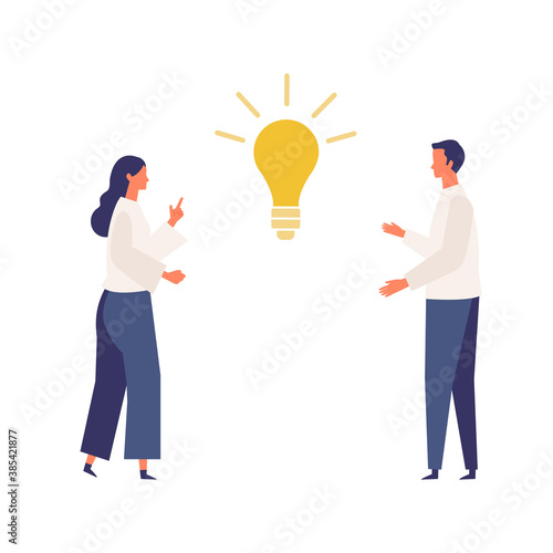 Metaphor of cooperation, create an idea, brainstorming. Flat design vector illustration of business people.