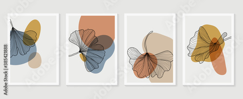 .Botanical wall art vector set. Earth tone boho foliage line art drawing with  abstract shape.  Abstract Plant Art design for print, cover, wallpaper, Minimal and  natural wall art.