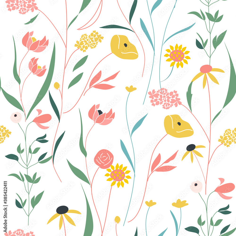 Blooming meadow seamless pattern. Trendy color for fashion. wallpapers, and print. A lot of flowers.  Ditsy style. Pressed flowers. Trendy floral design