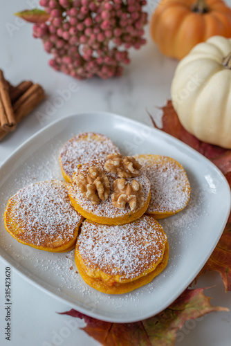 Healthy autumnal breakfast - sweet home made pumpkin pancakes