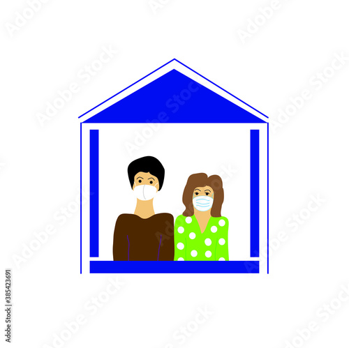 Covid-19 coronavirus quarantine campaign. The family wears medical face masks. Stay at home icon. Stop the coronavirus, stay calm and stay safe. Modern design in a flat style.