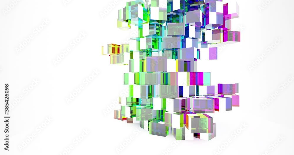 Abstract architectural background. Flying on a white minimalistic interior. Futuristic modern space. Stained glass sculpture. Array of fragments. Bright lighting. 3D animation and rendering. Abstract architectural background. Flying on a white minimalistic interior. Futuristic modern space. Stained glass sculpture. Array of fragments. Bright lighting. 3D animation and rendering.