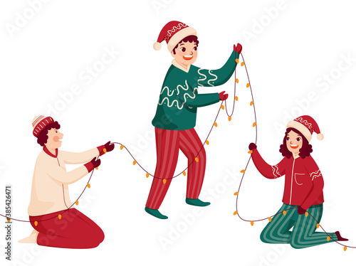 Cheerful Boys and Girl Holding Lighting Garland Together on White Background.