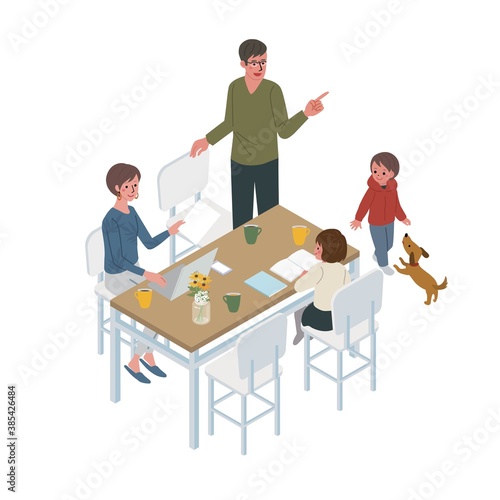 家族の団欒　アイソメトリック　イラスト　在宅勤務の女性　主夫の男性
