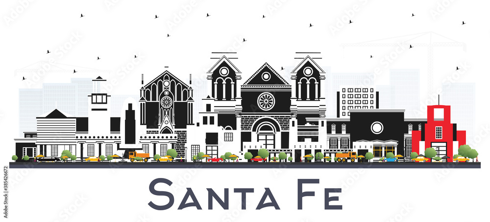 Obraz premium Santa Fe New Mexico City Skyline with Color Buildings Isolated on White.