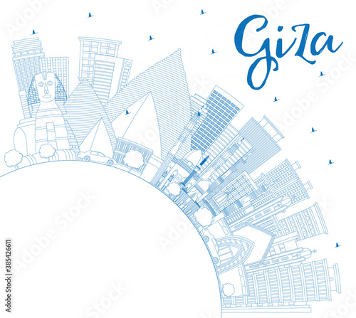 Outline Giza Egypt City Skyline with Blue Buildings and Copy Space.