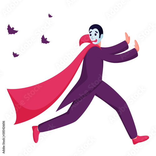 Cartoon Vampire running away from bats on white background.
