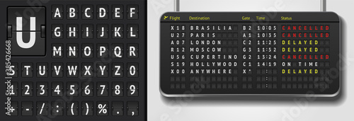 Vector airline departure board isolated. Realistic flip airport board template. Black 3d airport timetable with arrivals. Analog scoreboard font on dark background. Destination airline board