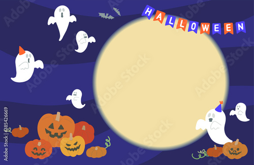 Flat illustration with moon, bats, Halloween Garland, pumpkins and ghosts