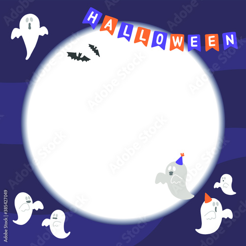 Flat illustration with Halloween garland and ghosts with moon and bats
