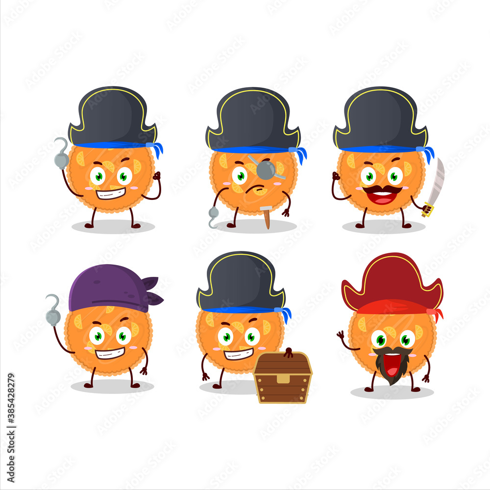 Cartoon character of orange pie with various pirates emoticons Cartoon character of orange pie with various pirates emoticons
