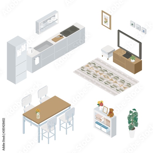 アイソメトリック　キッチン　リビング　テレビ　イラスト
