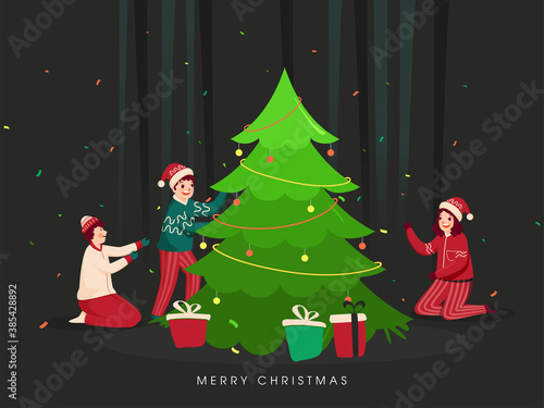 Illustration of Cheerful Kids Wearing Woolen Clothes with Decorative Xmas Tree and Gift Boxes on Confetti Grey Background for Merry Christmas.