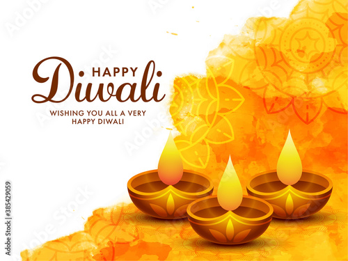 Happy Diwali Wishing Card Design with Illuminated Oil Lamps (Diya) and Yellow Watercolor Effect on White Background.