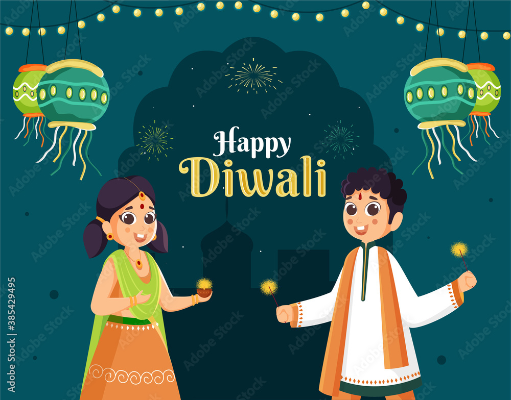 Cartoon Kids Enjoying and Celebrating Festival on Teal Background for Happy  Diwali. Stock Vector | Adobe Stock