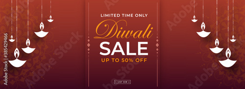 Diwali Sale Header or Banner Design with 50% Discount Offer and Hanging Paper Cut Oil Lamps (Diya) on Brown Background.