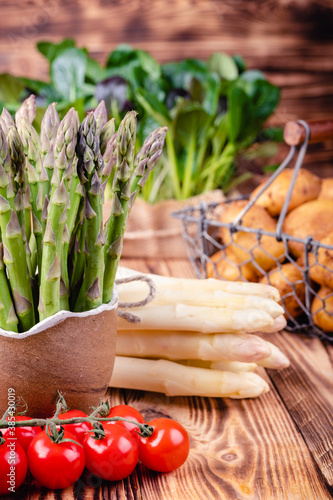 Set of fresh products for healthy food on wooden table.