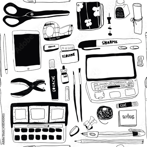 Quirky Line Art Supplies Seamless Repeat Vector Pattern