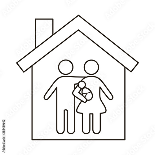 parents couple lifting baby family figures in house line style icon