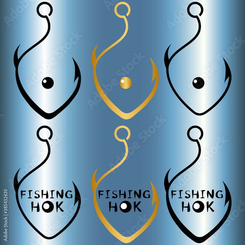set of creative logos fish hook in the shape of a fish with and without inscription