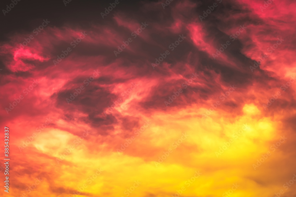 sky and clouds nature background, abstract sky, red pink and orange yellow color in blurry soft clouds in overcast sky, burn sky