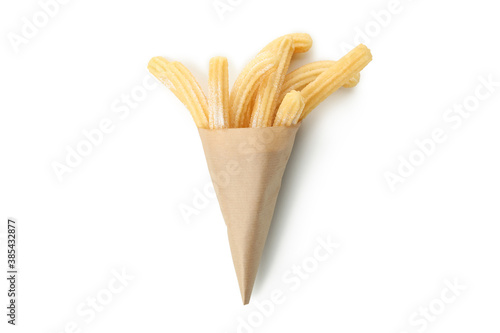 Tasty sweet churros isolated on white background photo