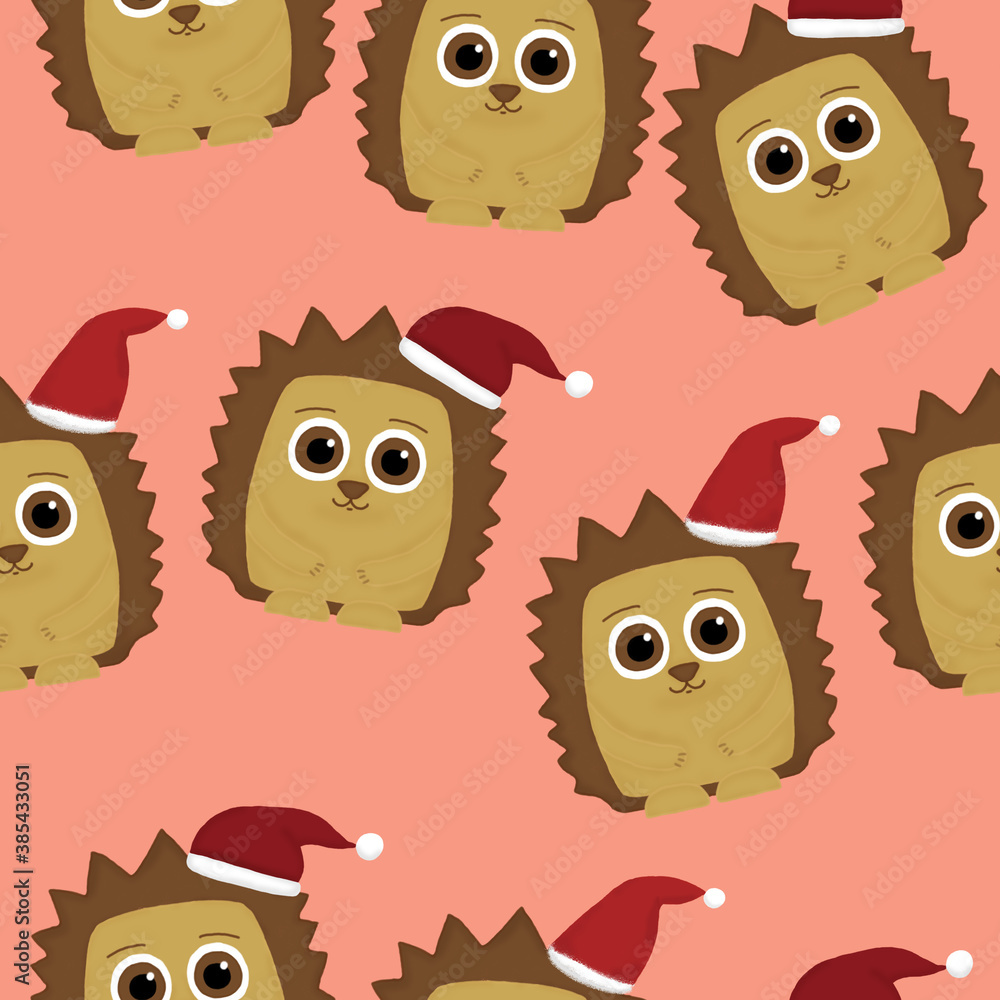 New Year seamless pattern with hedgehogs with Santa hats on a pink background New Year seamless pattern with hedgehogs with Santa hats on a pink background