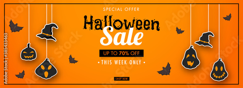 Halloween Sale Header or Banner Design with 70% Discount Offer, Flying Bats, Sticker Style Witch Hat and Jack-O-Lanterns Hang on Orange Background.