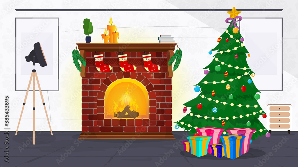 Festive interior of Christmas room on eve happy new year. Christmas tree, decorative wreath, holiday gifts, burning fireplace, snowy winter outside window. Vector illustration, greeting card template. Festive interior of Christmas room on eve happy new year. Christmas tree, decorative wreath, holiday gifts, burning fireplace, snowy winter outside window. Vector illustration, greeting card template.