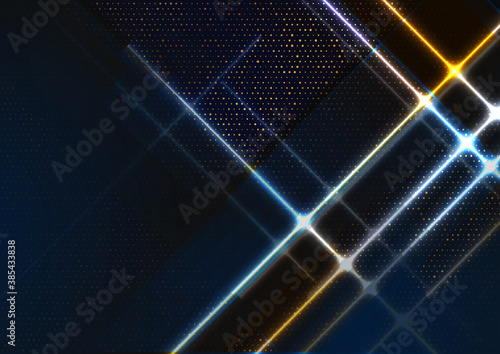 Blue yellow glowing neon lines abstract retro tech background. Futuristic vector design