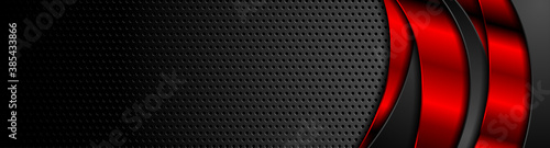Red and black abstract technology glossy wavy banner with perforated texture. Vector background