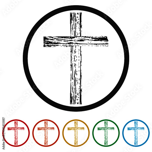 Wooden cross ring icon, color set