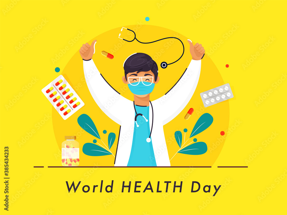 Illustration of Doctor Boy Showing Thumbs Up with Medicines and Leaves on Yellow Background for World Health Day Concept. Illustration of Doctor Boy Showing Thumbs Up with Medicines and Leaves on Yellow Background for World Health Day Concept.