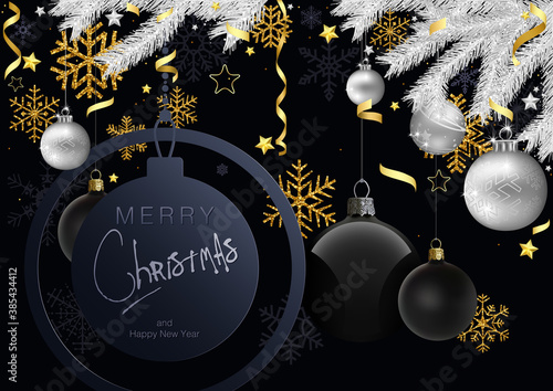 Merry Christmas Greeting Card with Gold and Silver Christmas Ornaments - Black Background Illustration with Silver Spruce Branches and Gold Design Elements, Vector