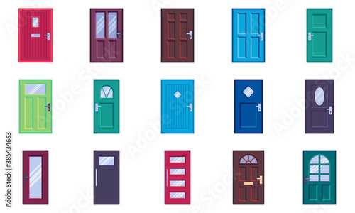 Doors types collection, flat icons set, Colorful symbols pack contains - front door with glass, handle and post slot. Vector illustration. Flat style design © alekseyvanin