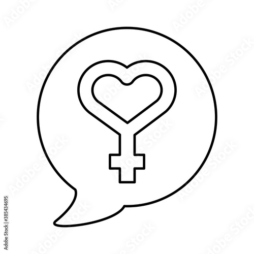 female gender symbol with heart in speech bubble line style icon