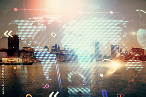 Map and data theme hologram on city view with skyscrapers background double exposure. International technology in business concept. © peshkova