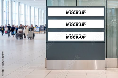 Mock up blank three rectangle signboard at hallway airport