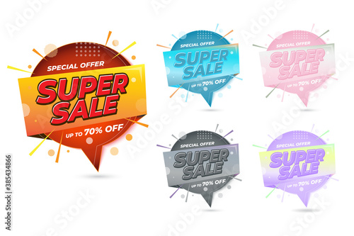 Super sale tags special offer set in various colour. Concept design elements for use in marketing, advertising, web, and print. Modern badges template, discount, price off.