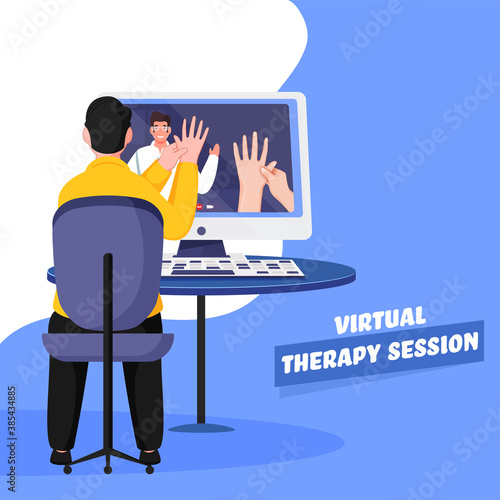 Back View of Man Learning Virtual Therapy Sessions of Acupressure From Computer During Coronavirus Pandemic.