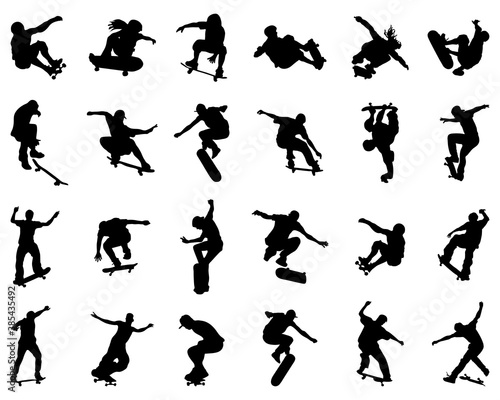 Black silhouettes of skate jumpers on a white background	
