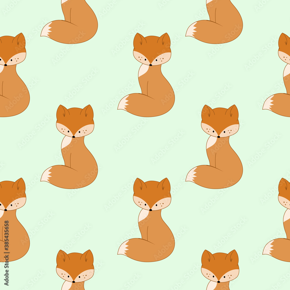 Obraz premium Cute cartoon Fox pattern on green background. Seamless endless background for print, cover, wrapping paper, tailoring. Children's vector illustration.