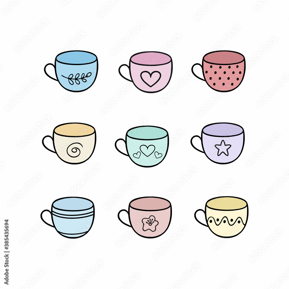 Fototapeta premium Set of multi-colored tea mugs. Collection of Doodle glasses for kitchen, cafe, restaurant. Vector cartoon Doodle illustration with dishes.