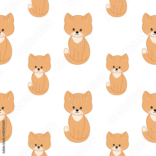 Cute kittens and cat isolated on white background. Vector pattern with cats for children s room . Seamless endless background for printing on fabric  packaging paper  clothing.