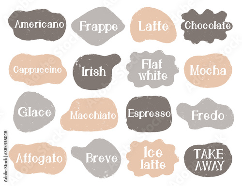Speech text lable type coffee set. Collection design name designation.