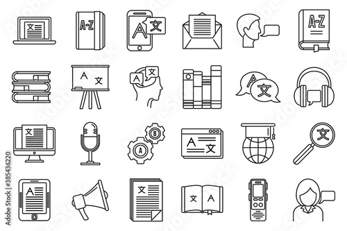 Linguist speak icons set. Outline set of linguist speak vector icons for web design isolated on white background